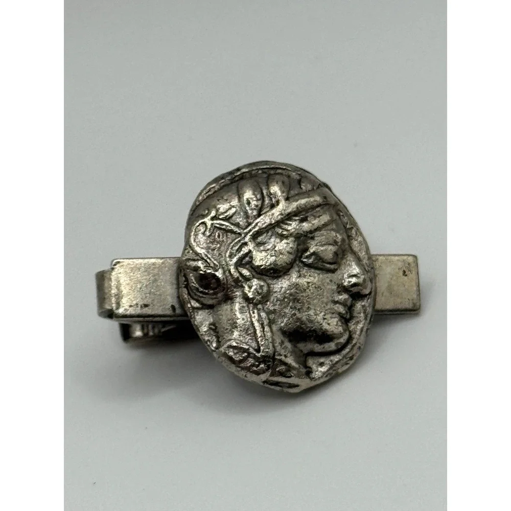 Vintage Tie Clip Greek Faux Tetradrachm Coin Silver Tone